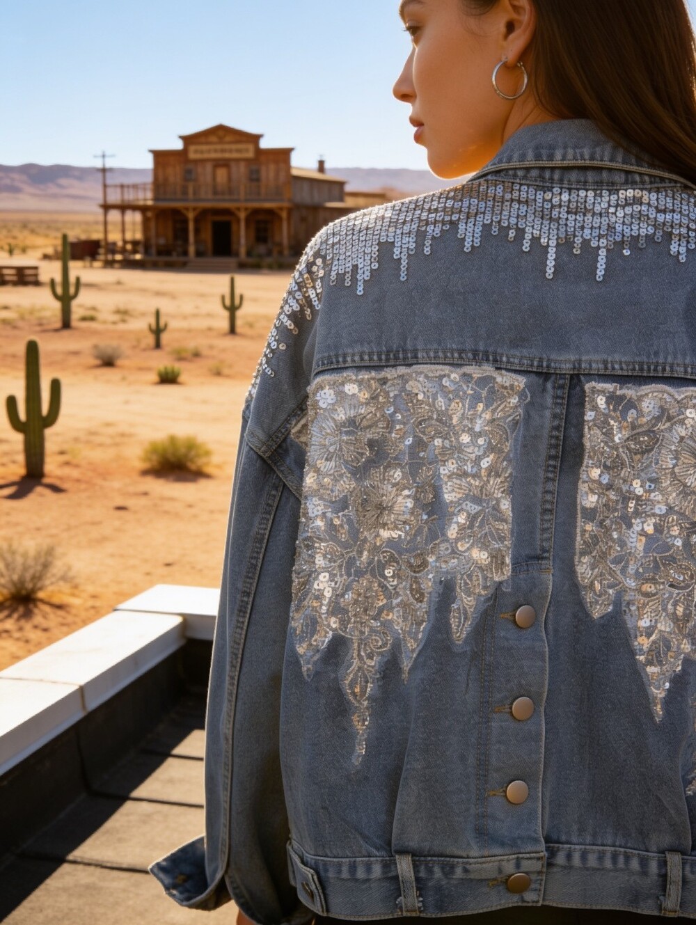 Sequin Embellished Blue Denim Jacket - Women